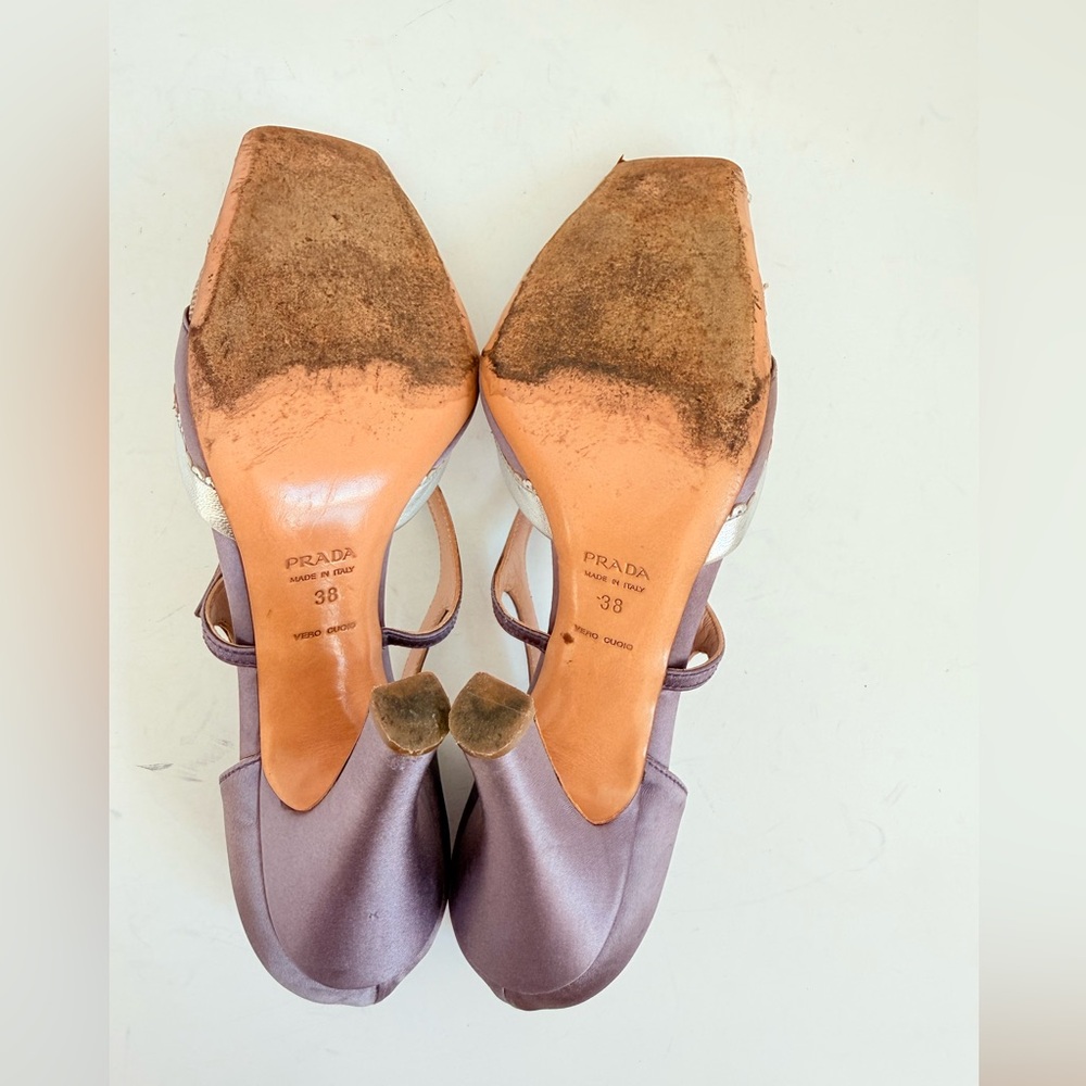 Prada Vintage Lilac Satin Snakeskin Trim Cutout Mary Jane T-Strap Heels EU38 - Picture 8 of 11